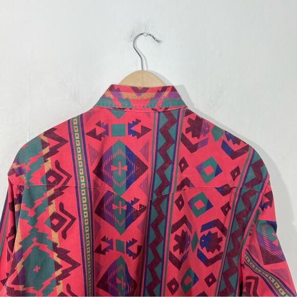 Vintage Wranglers Brush Popper Aztec Pink Button Down Long Sleeve Cowboy Size L - Picture 9 of 16